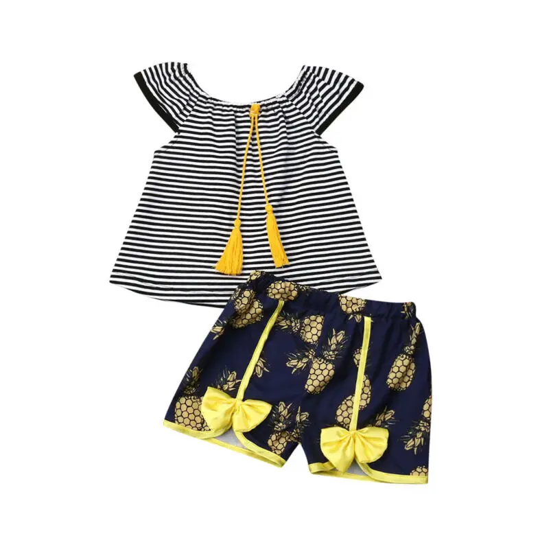 

2019 одежда для маленьких девочек, футболка в полоску с коротким рукавом, топы + короткие брюки