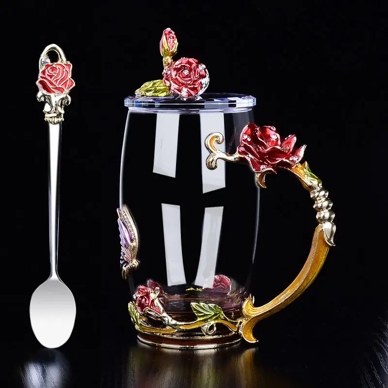 Water Cup Enamel Heat-resistant Glass Female Luo Shi Flower House Rose Tea Household Set Creative Gift Cups and | Дом и сад