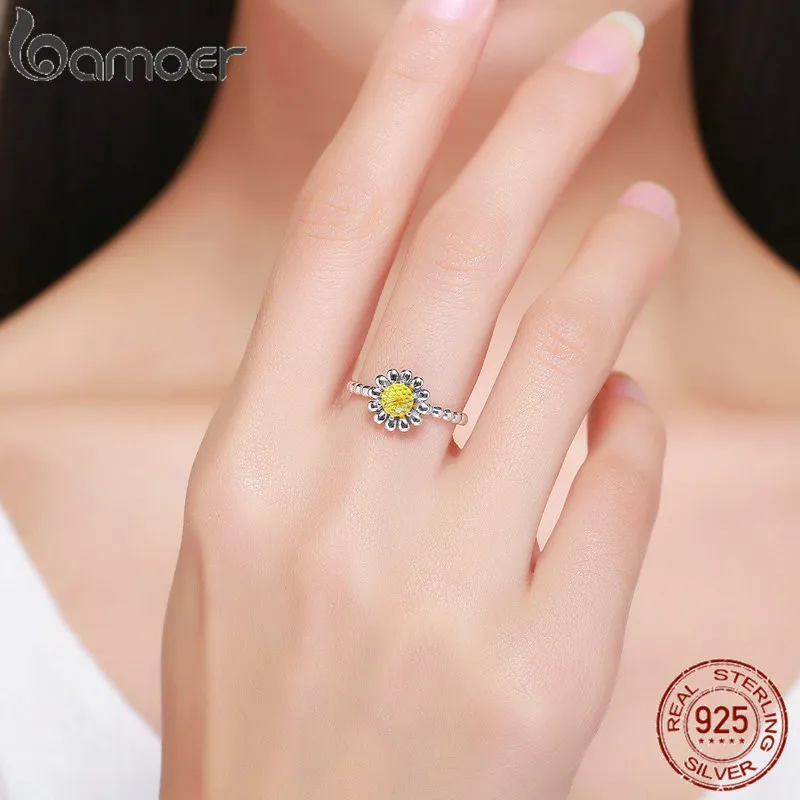 BAMOER Настоящее 925 пробы Серебряное кольцо с ромашками кубического циркония для женщин Свадебные украшения SCR238