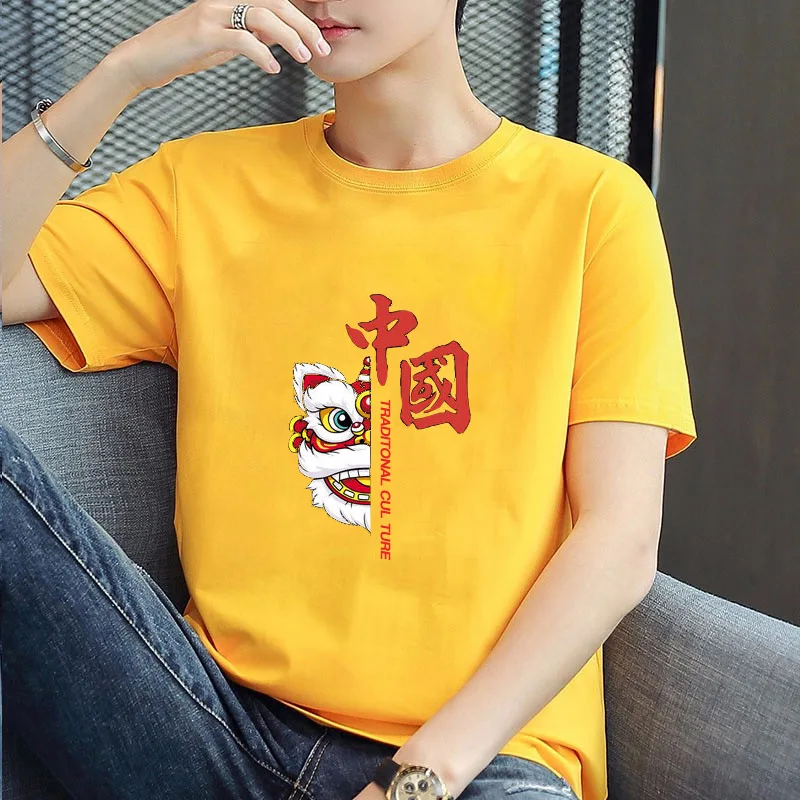 

Chinese Language Mens Short Sleeve T-shirt Summer Casual Cotton Shirt Lion Head Man Round Neck T Shirt Chinoiserie