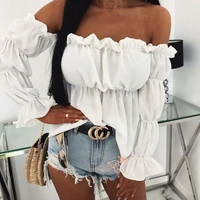 summer off shoulder blouse for women long sleeved lace frill ruched pullover tops korean style fashion solid color lady shirts