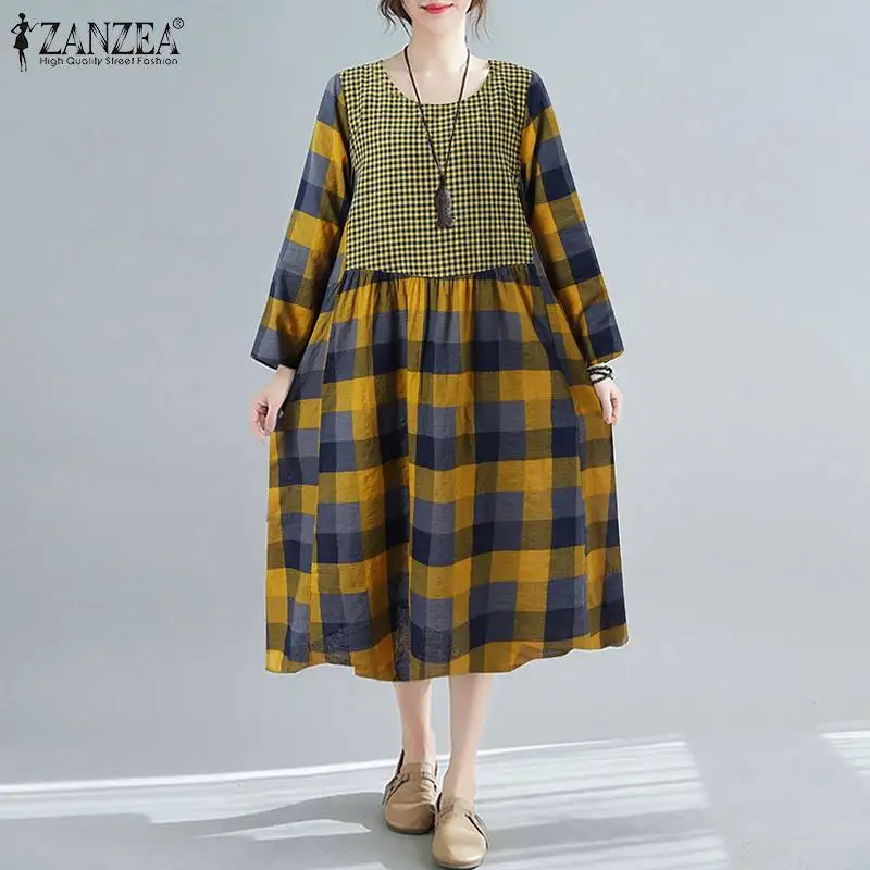 

Платье ZANZEA женское средней длины в клетку, модное свободное винтажное повседневное с длинным рукавом, в стиле оверсайз, осень 2022