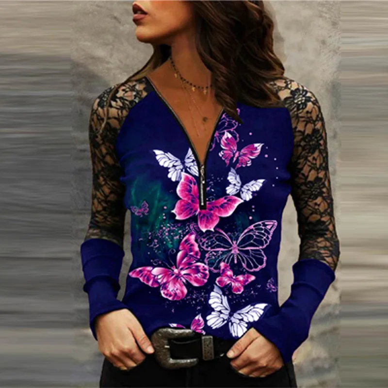 

Осенние сексуальные кружевные весенние Рубашки с цветочной вышивкой в стиле ретро с рисунком бабочки женский офисный пуловер на молнии с V-...