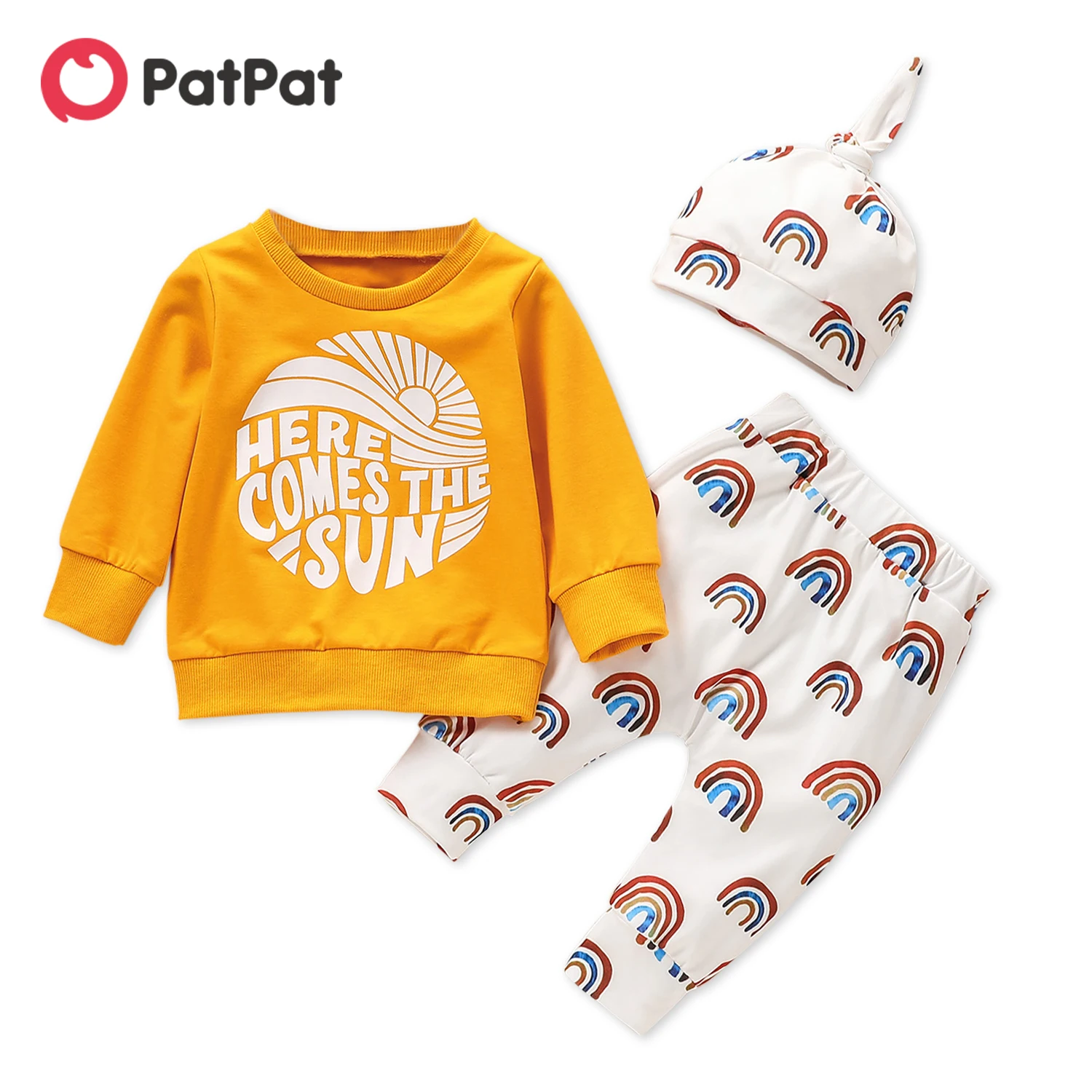

PatPat 3pcs Baby Letters Long-sleeve Pullover and Rainbow Print Trouser Set