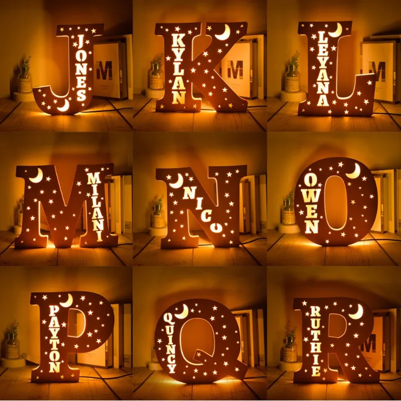 Настенный декор с именем на заказ светодиодный ночник 24 буквы со звездами луной