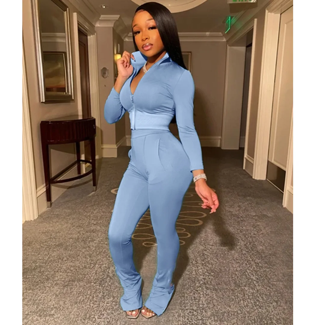 

Donsignet Women's Suit New Fashion Summer Temperament High Neck Zipper Solid Color Short Sexy Sports Slim Two-piece Suit