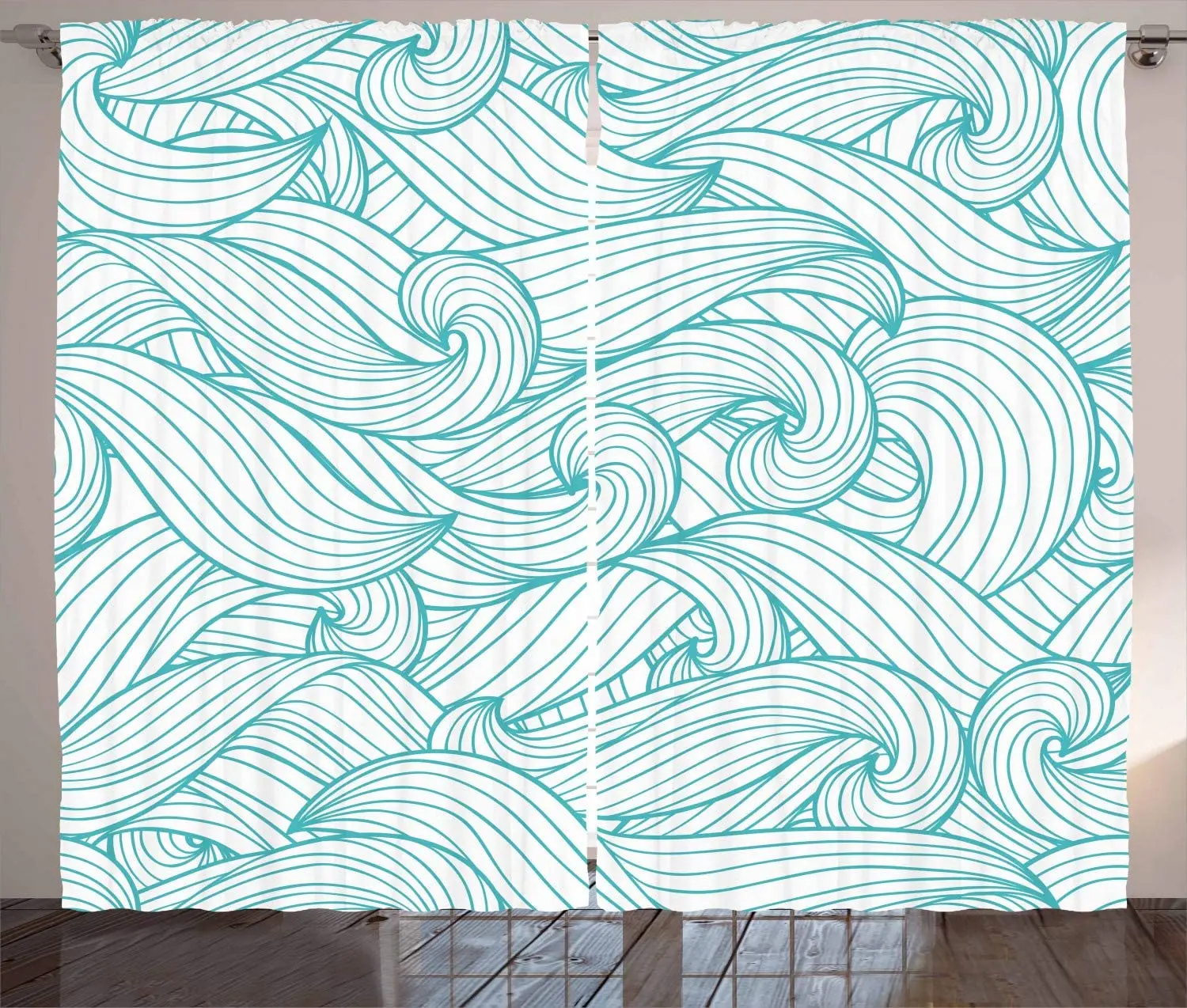 Бирюзовые оконные шторы абстрактный узор с волнами и облаками современный