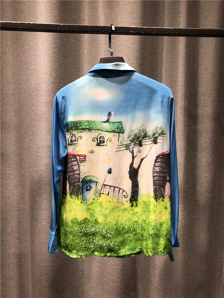 

Lapel Long Sleeve Silk T Shirt 2021 New Spring Summer Single Row Button Fashion Print Tops