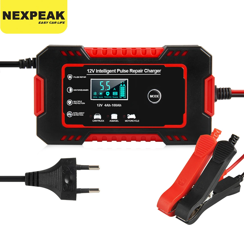 NEXPEAK Motorcycle Car Battery Charger 12V 6A Pulse Repair Automatic Fast Power Charging Wet Dry Lead Acid Digital LCD Display