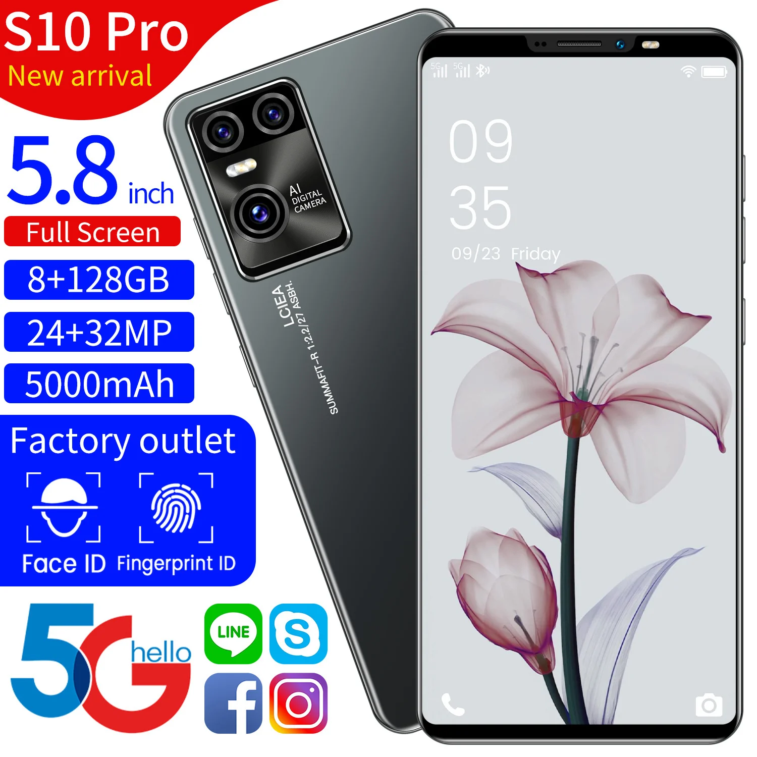 

S10Pro Smart Phone 8+128G 24+32MP 5.8lnch MTK6898 10Core 5G 5000mAh Phone Dual SIM Screen Fingerprint Unlock Insertable Memory