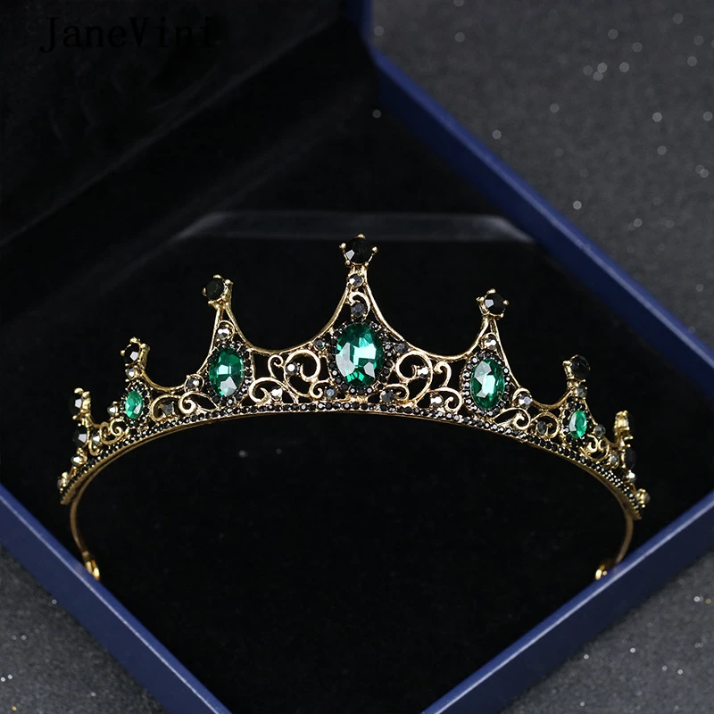 

JaneVini 2019 Vintage Baroque Green Crystal Bridal Tiaras and Crowns Handmade Women Headpiece Wedding Jewelry Hair Accessories