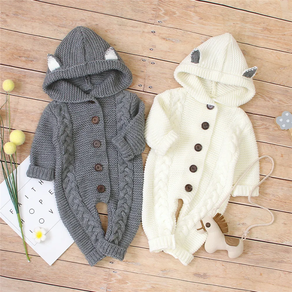 

New 2020 Baby Romper Spring Autumn Fashionable Long Sleeve Hooded Knitted Rompers for Kids 3-24M