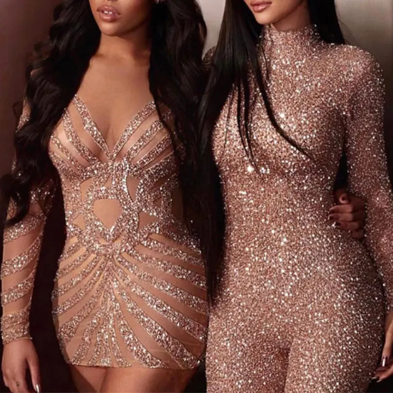 Женский обтягивающий комбинезон с блестками весна лето 2020 длинным рукавом