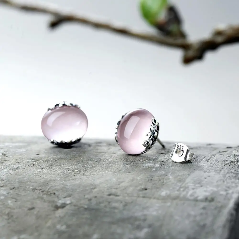 Vinregem Vintage 925 Sterling Silver Oval Natural Rose Quartz Gemstone Earrings Ear Studs Wedding Fine Jewelry Drop Shipping | Украшения и