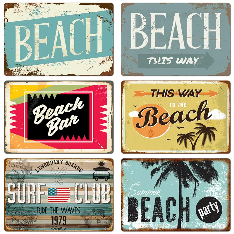 

Beach Holiday Seaside Tin Signs Plaque Metal Wall Stickers Plaque Plate Club Classical Retro Painting