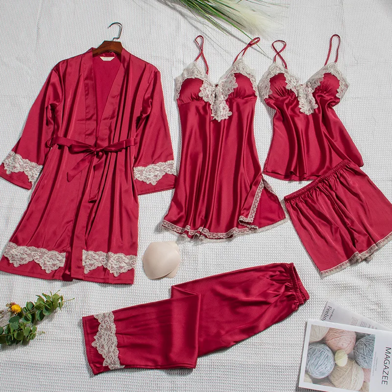 

Women 5PCS Sleepwear Satin Pajamas Sets Sexy Lace Pyjamas Suit Casual Sleep Set Lounge Female Kimono Bath Gown Home Wear