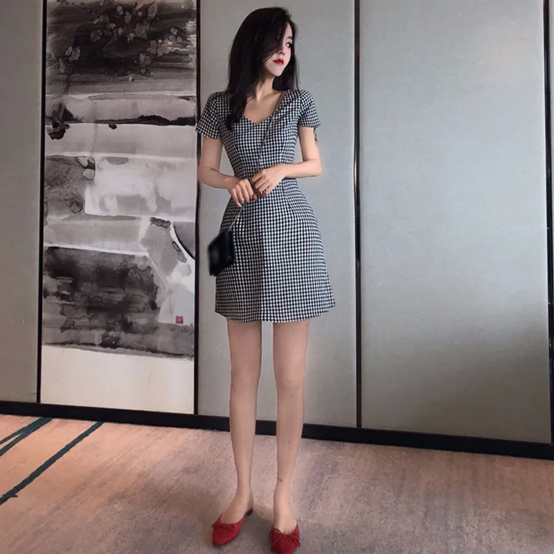 

Jlong Summer All-Match Inner Wear Dress Women Sexy V-Neck Tighten Waist Plaid Print Knee Dress