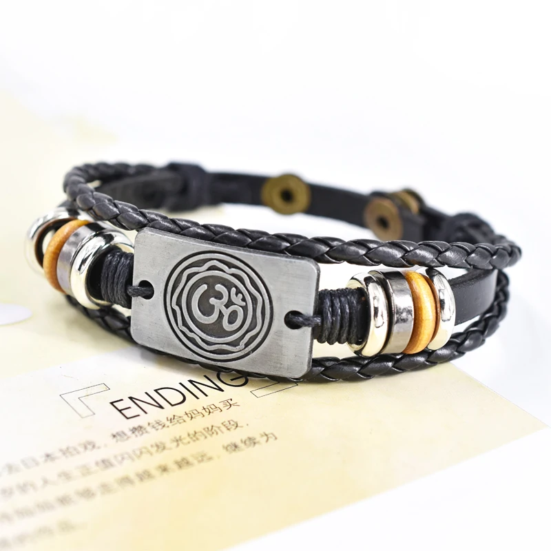 

Indian Sanskrit OM Symbol Bracelet OHM AUM Buddha Lotus Flower of Life Mandala Leather Bracelets Men Bangle Amulet Jewelry Gifts