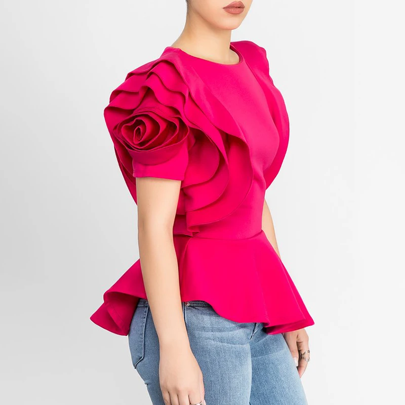 

Hot Sale Summer Women Casual T-shirt Ruffles Petal Sleeve Hem Irregular Female Shirts Tops Blusas Feminina