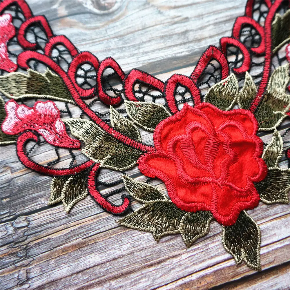Красная вышитая цветочная роза тканевый воротник цветочные листья аппликация