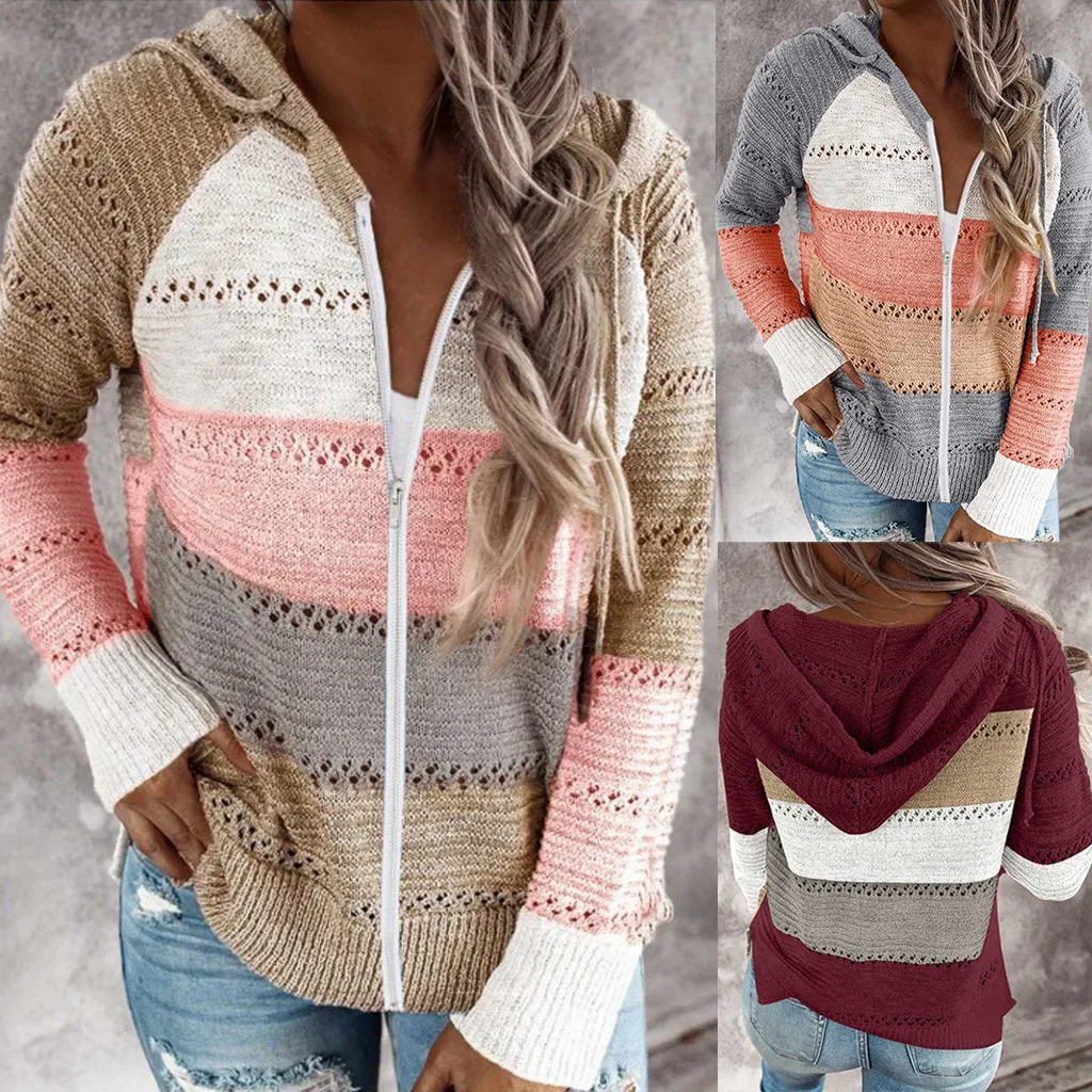 

Fashion Women Casual Patchwork Long Sleeves Hooded Sweater Cardigan Blouse Tops