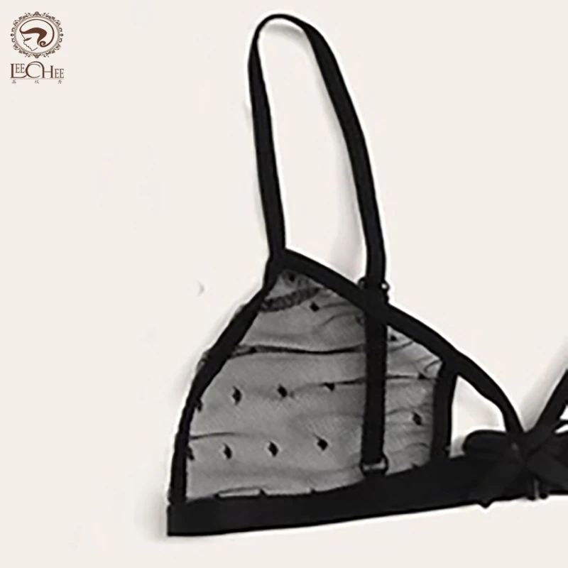 LEECHEE New Mesh Sexy Women Lingerie 3pcs Bra Set Hollow Out Brassiere Transparent Underwear Set Polka Dot S-2XL Bra&Briefs Set