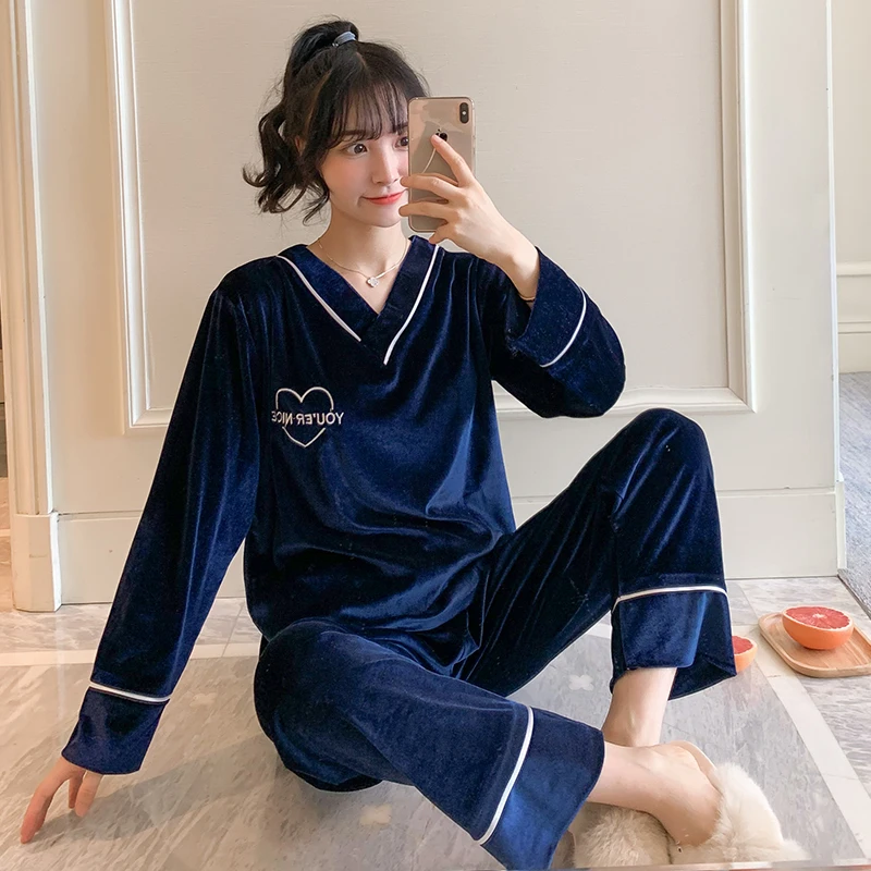 

Witer Pajamas For Women Warm Gold Velvet Sleepwear V-neck Full Length Pyjamas Set Letter Embroidery Loungewear Homewear