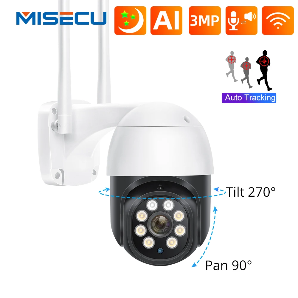 

MISECU 3MP Wifi IP Camera Outdoor PTZ Camera Smart AI Human Detect Two-way Audio Full Color Night Vision Auto Tracking Onvif P2P
