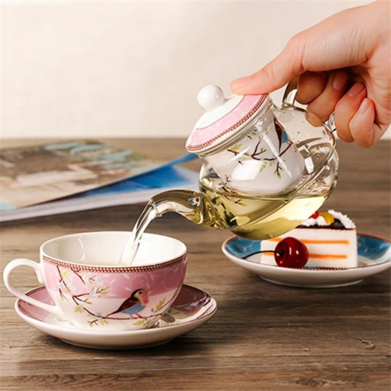 

5pcs Flower Tea Pot Ceramic Teacup Saucer Heat Resistant Glass Teapot Filter Porcelain Office Coffee Cup Mug Afternoon Tea Set