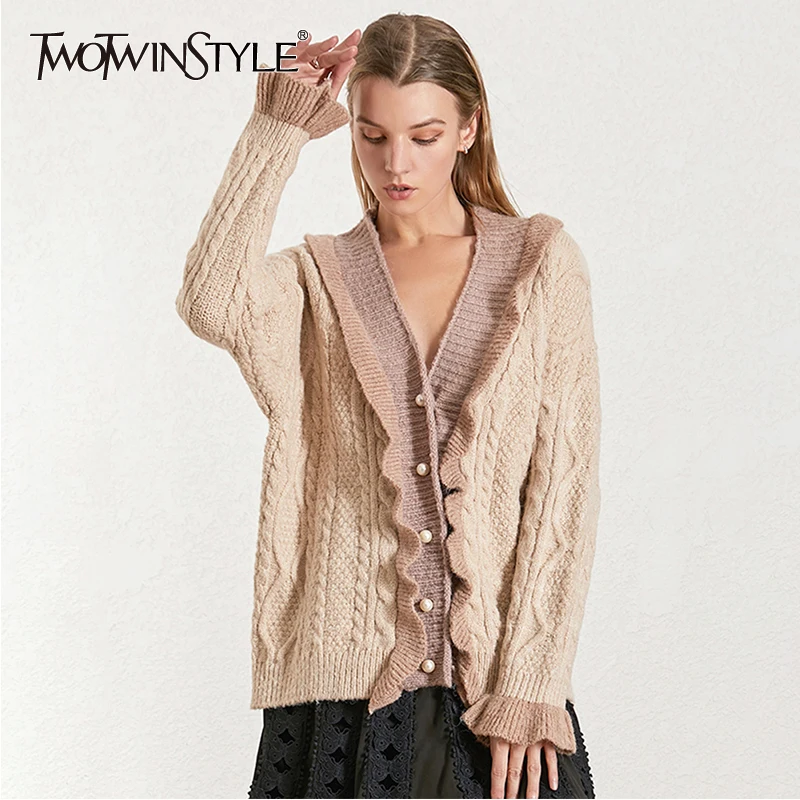 TWOTWINSTYLE Ruffles Patchwork Sweater For Women V Neck Flare Sleeve Cardigans Loose Elegant Sweaters Female Fashion Winter 2020 |