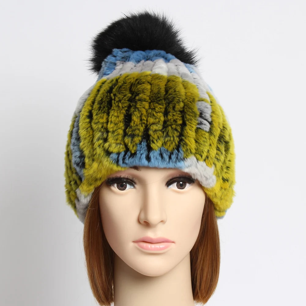 Женская вязаная шапка из натурального меха кролика Рекс зимняя высокая