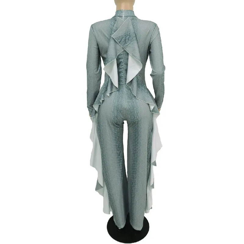 

Ruffles Patchwork Plus Size Wide Leg Overall for Women Turtleneck Sexy One Piece Bodysuits Long Sleeve Loose Causal Jumpsuits