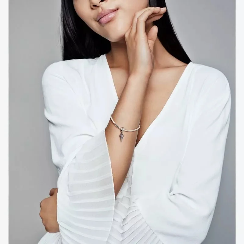 

New s925 Sterling Silver Pave Ice Cream Cone Dangle Charm Beads Fit Original Europe Bracelet Necklace 2021 DIY fine Jewelry Gift