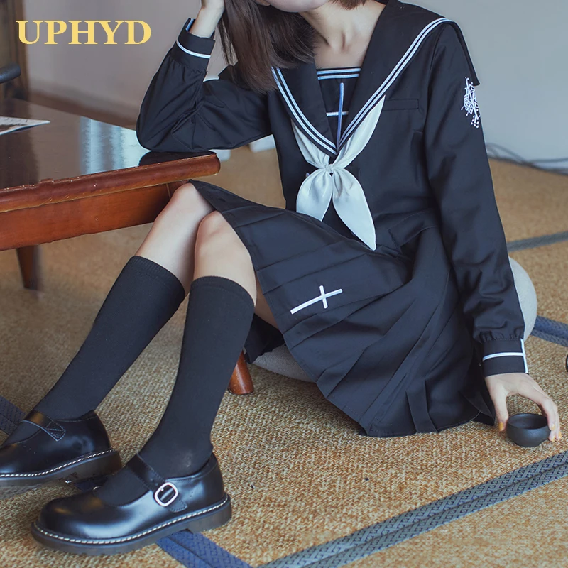 

Navy School Uniform Japan Sailor Suits New Sales 2021 Embroidery Black Chorus Anime Cosplay Student Female Jk Uniforms