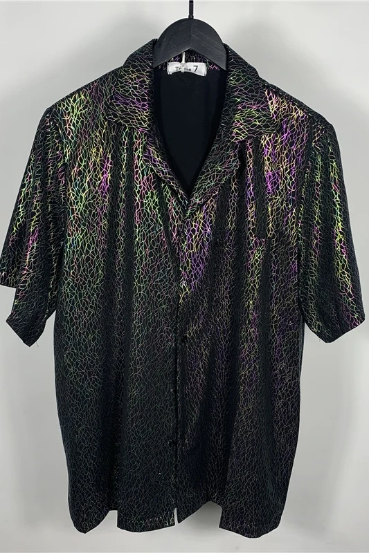 

M-XLSummer new original trend loose jacket personality hair stylist ice silk breathable thin suit collar short-sleeved jacket.