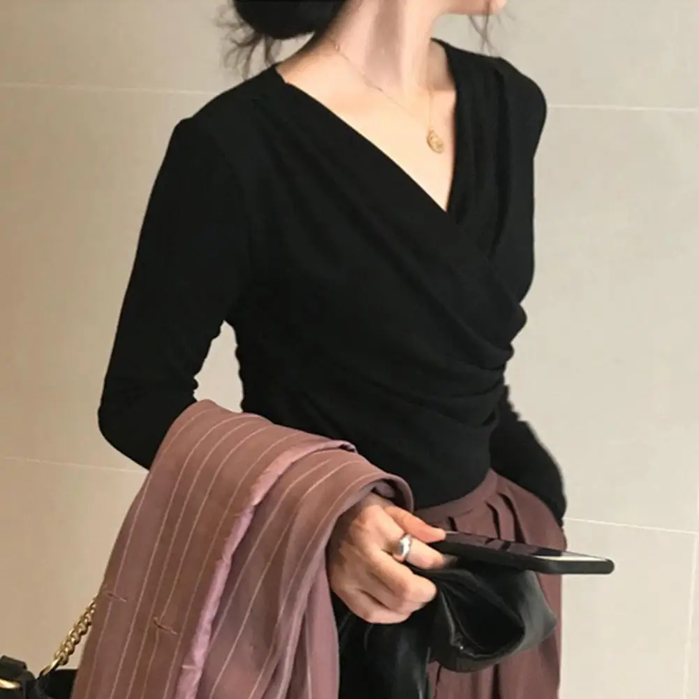 

fashion women blouses summer Elegant Ladies Top T-Shirt Solid Color Deep V Neck Long Sleeve Knitted Blouse top female blusas