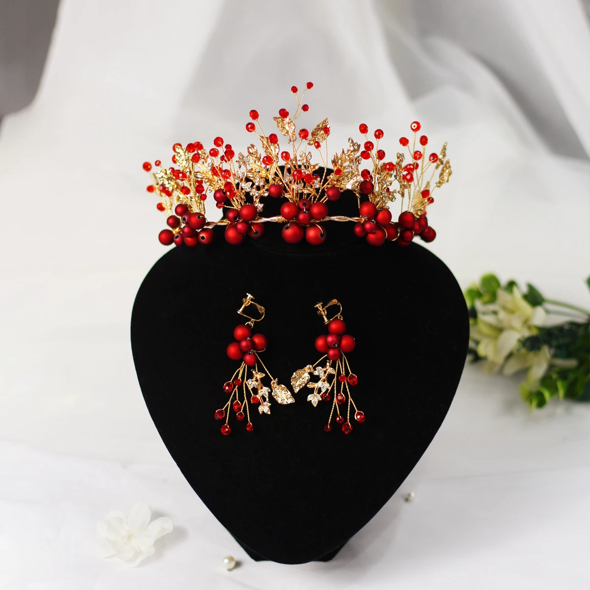 

MY024 Luxurious Marriage Bride Headpiece Golden Alloy Leaves Red Crystal Rhinestone Beads Wedding Bridal Tiara Pageant Crowns
