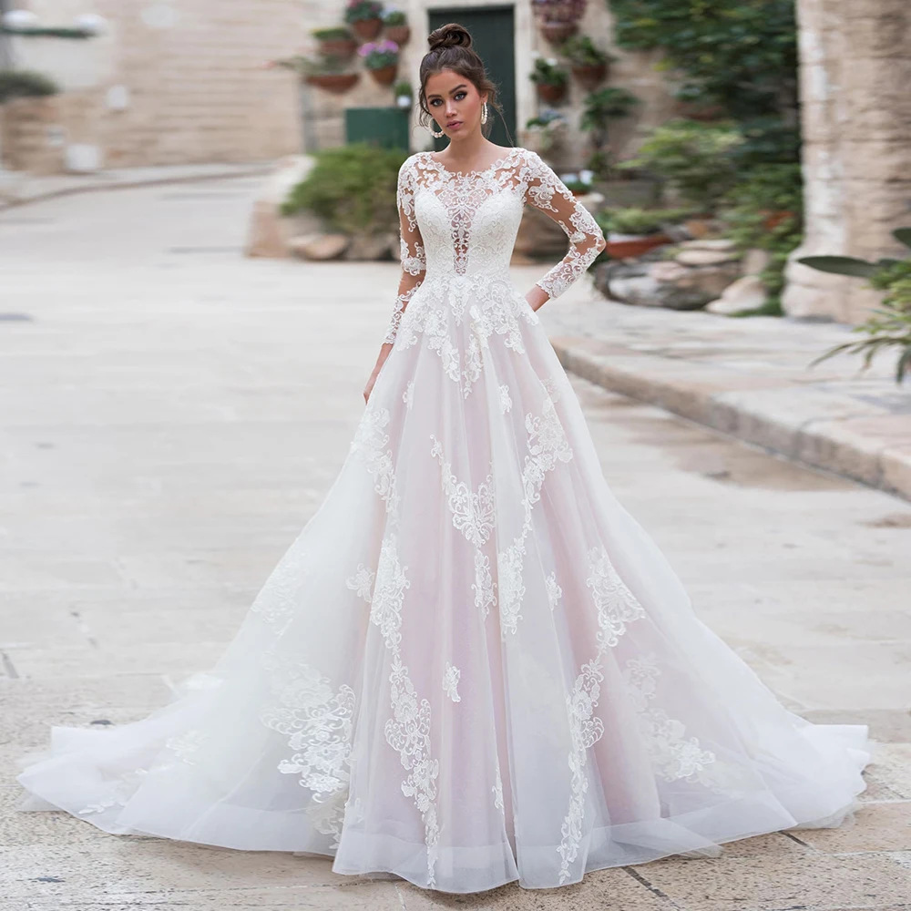 

2021 A-line Wedding Dresses Pink Long Sleeves Lace Appliques Tull Bridal Dress Wedding Gown For Women vestido de novia