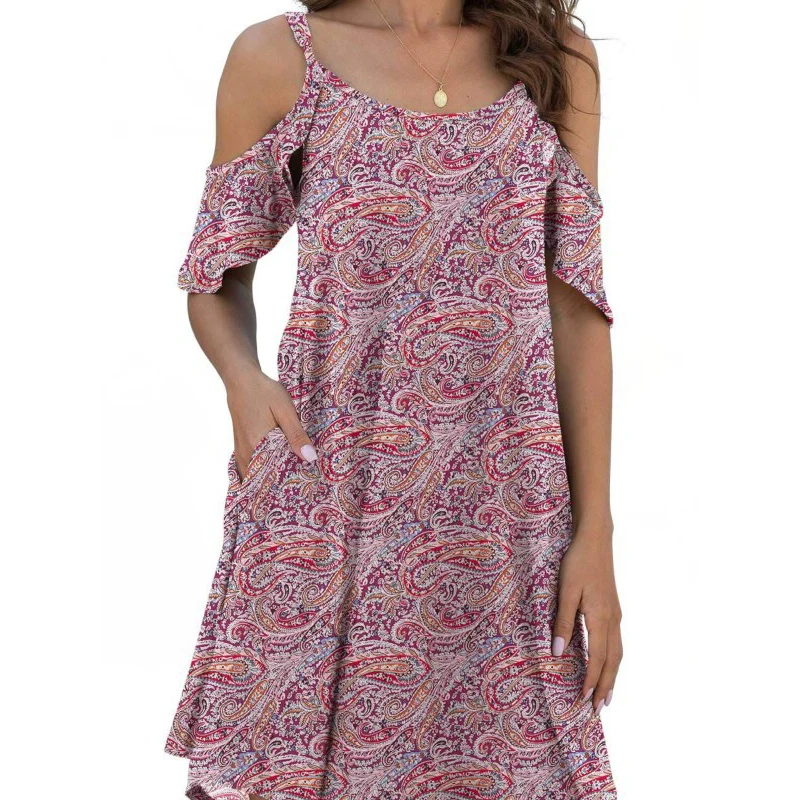 

Women Summer New Style Skirt Solid Color Tie-dye Printing Lotus Leaf Sleeve Pullover Dress Sexy Off-the-shoulder Suspender Skirt