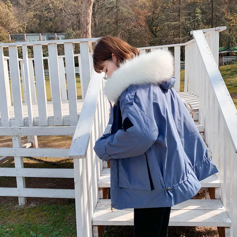 2020 New Fashion Cotton Wadded Womens Coat With Fur Hood Thicken Warm Winter Coat Women Blue Short Puffer Jacket Female Clothes