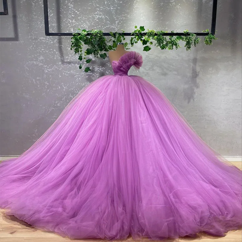 

Light Purple Elegant Exquisite Women Dress A-Line Floor Length One Shoulder Tulle Evening Dress Ballgown Photography Custom Made