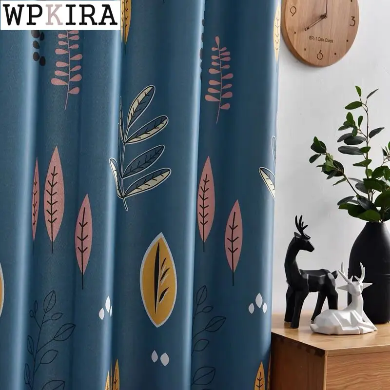 

Cartoon Leaves Curtain for Kids Baby Room Blue Blackout Drape Bedroom Window Grey Voile Printed Sheer Fabric Shade S244#E