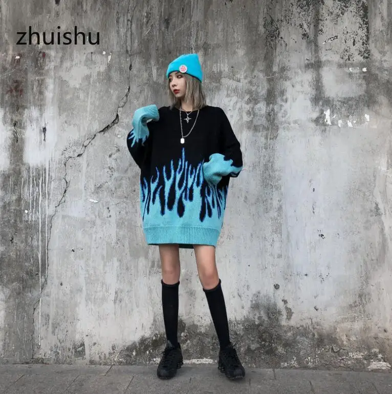 

Autumn Winter Fashion Couple Knitwear 2020 New Loose Flame Print Outer Jacket Hip-hop Harajuku Style Jacket