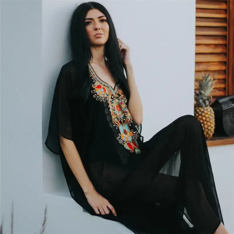 Женское пляжное платье с вышивкой черное свободное макси в богемном стиле V
