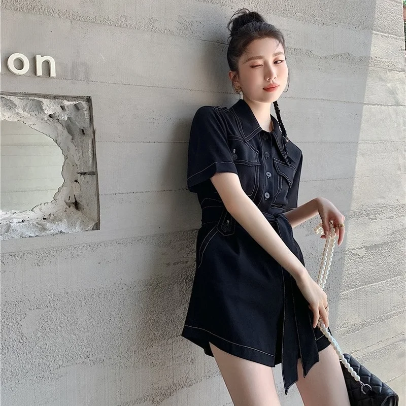 

Korejepo Women Rompers&Playsuits 2021 Summer New Korean Version Safari Style Solid One-piece Shorts Lace Up Waist Thin Straight