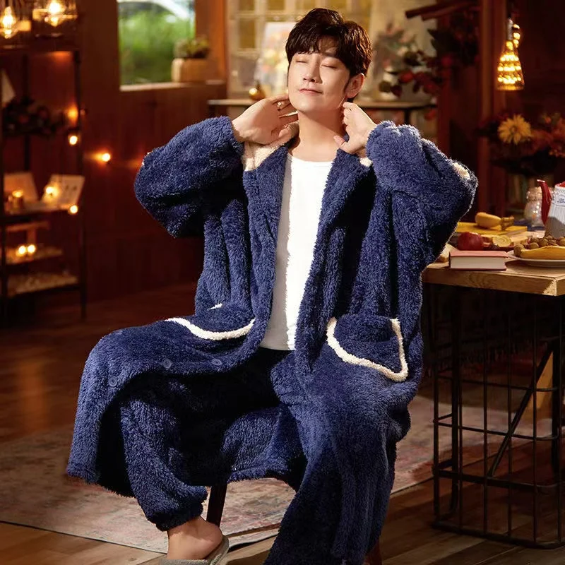 Men's Pajamas Set Winter Coral Velvet Thicken Warm Soft Nightgown Suits Plus Size Fashion Sleepwear For Men