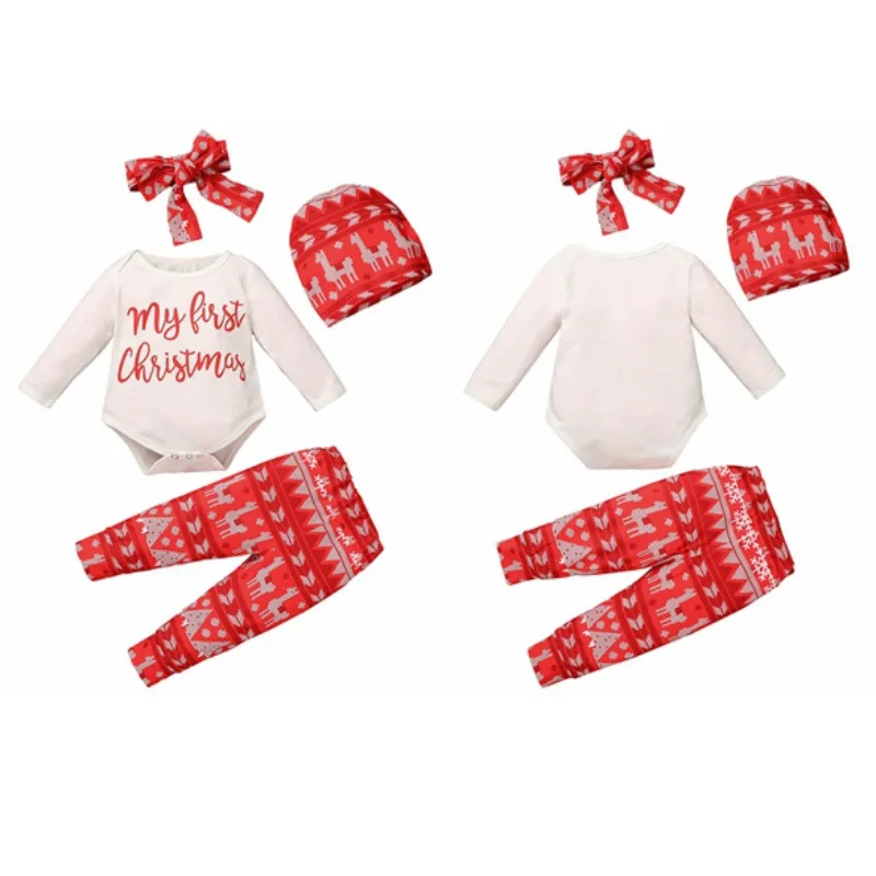 

Warm Christmas Baby Girl Set 4Pcs Letter Printed Romper + Trousers + Headband + Hat Newborn Outfits Hot