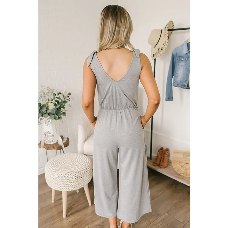 

QRWR Summer Casual Solid Color Jumpsuits Women V Neck With Pocket Short Jumpsuits Elegant Loose Straight Full Women Jumpsuit
