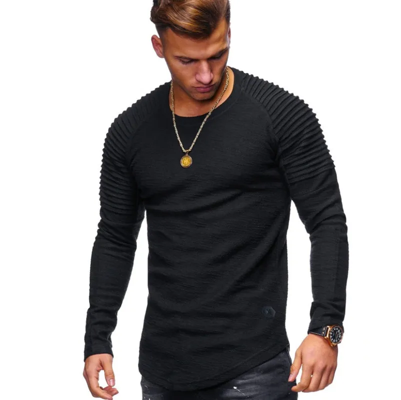 

2021 Solid Color Sleeve Pleated Patch Detail Long Sleeve T-Shirt Men Spring Casual Tops Pullovers Fashion Slim Basic Tops