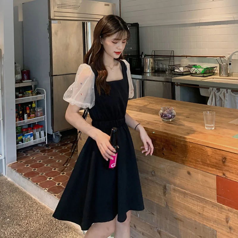 

Women's 2021 lace splicing Chiffon solid color women's dress Summer Urban casual dress short sleeve black women's long skirt